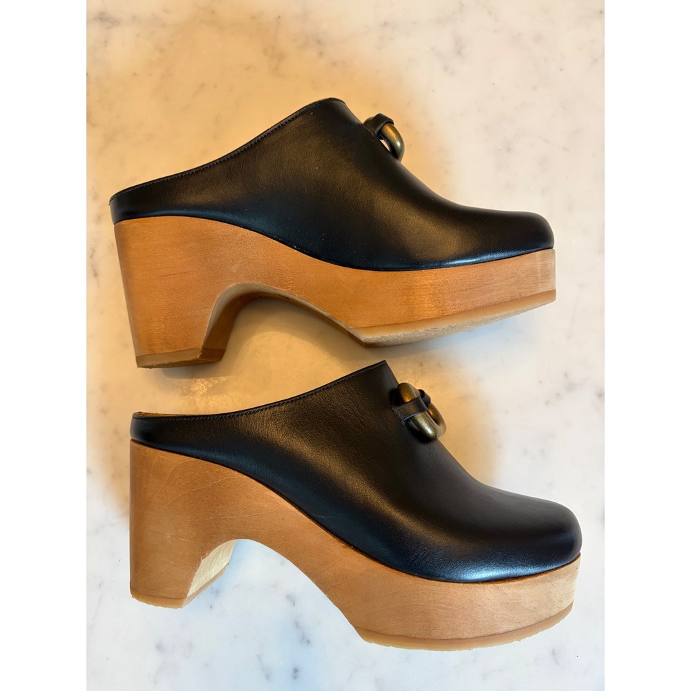 Frame Le Ione Clog Noir Black Leather Wooden Platform Mules Brass Buckle 37 US 7 - Picture 7 of 13
